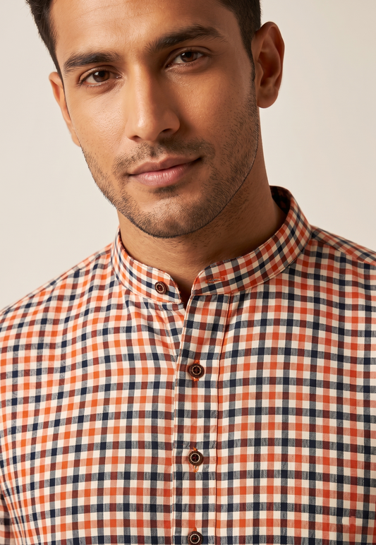 Rust Multi-Check Smart Casual Kurta