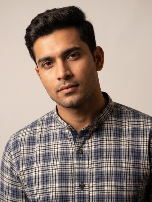 Grey Check Printed Casual Kurta