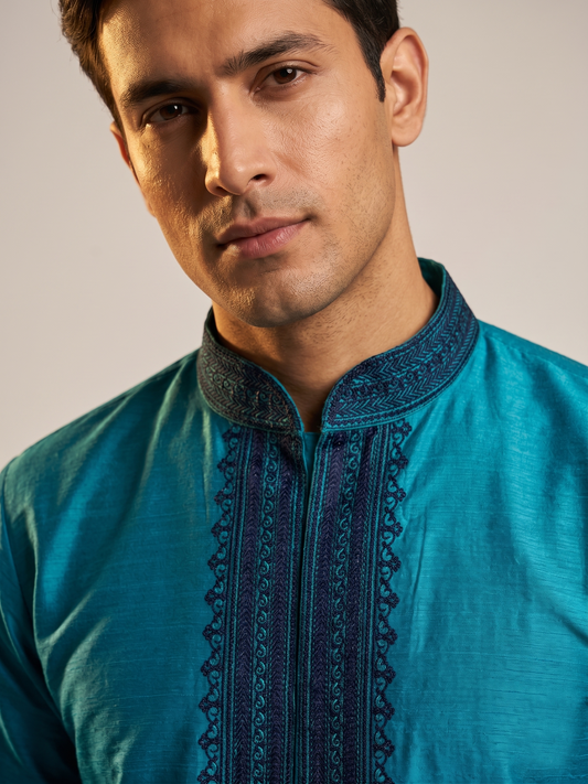 Ocean Teal Festive Kurta with Navy Embroidered Placket