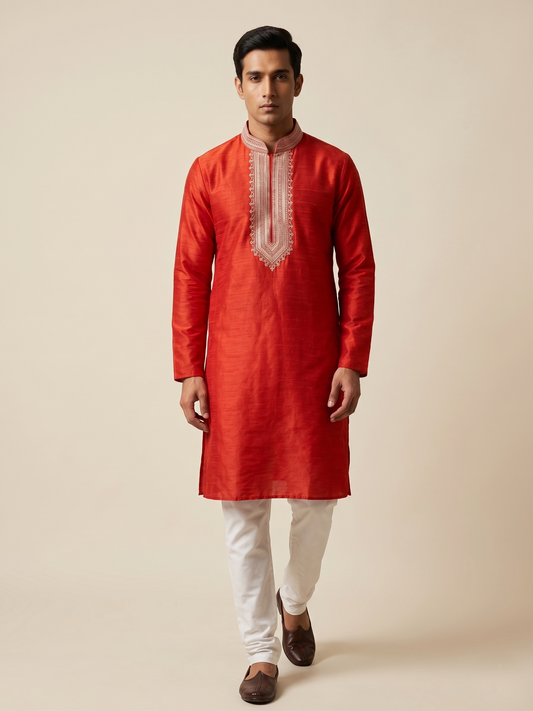 Crimson Red Kurta Set with Intricate Embroidered Placket