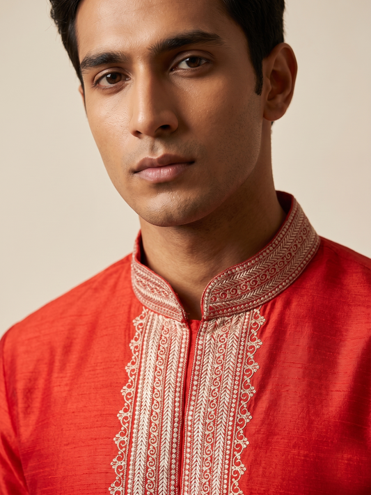 Crimson Red -Textured Kurta Set with Intricate Embroidered Placket