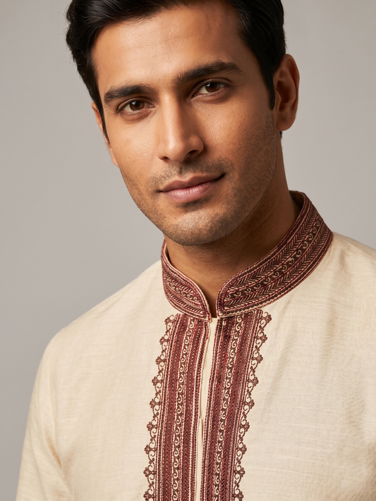 Beige Kurta Set with Deep Maroon Embroidered Placket