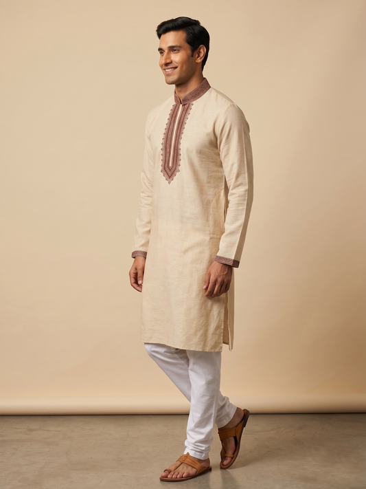 Beige Kurta Set with Deep Maroon Embroidered Placket