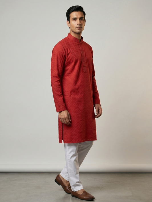 Crimson Red Allover Embroidered Kurta Set