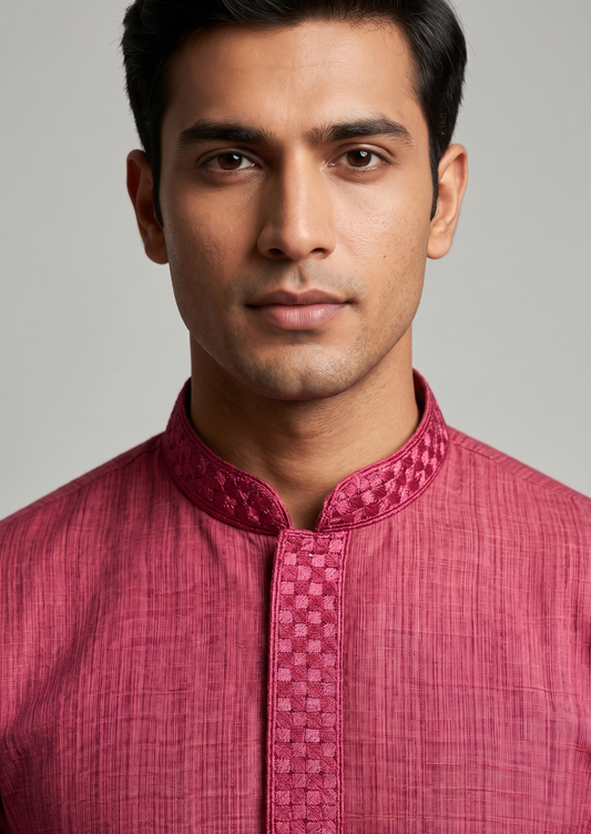 Dark Pink Kurta with Intricate Embroidered Placket