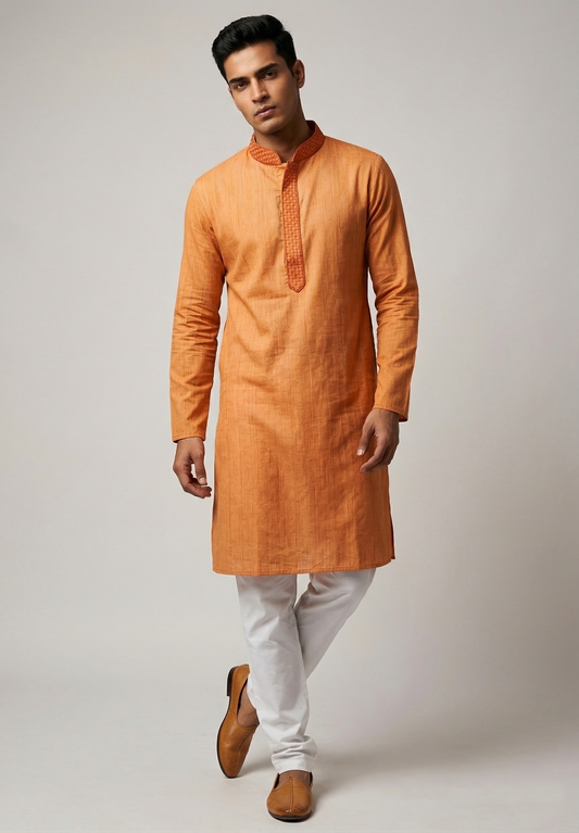 Apricot Orange Kurta Set with Embroidered Collar
