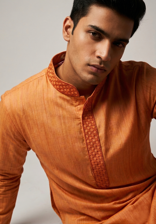 Apricot Orange Kurta Set with Embroidered Collar