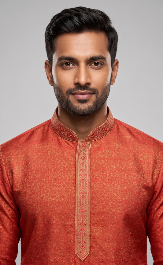 Orange Jacquard Festive Kurta with Embroidered Placket