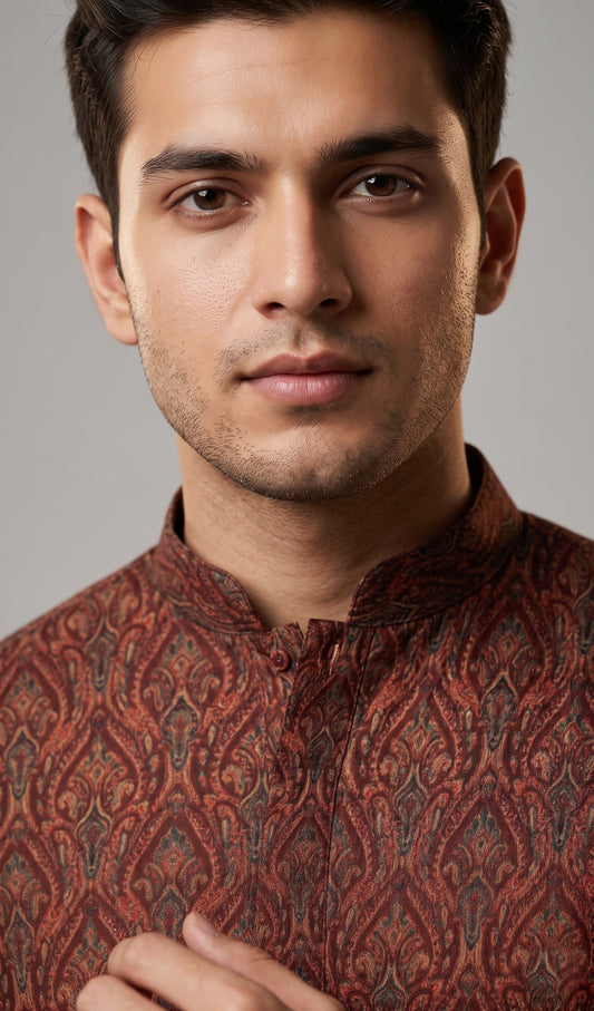 Maroon Self-Textured Printed Short Kurta