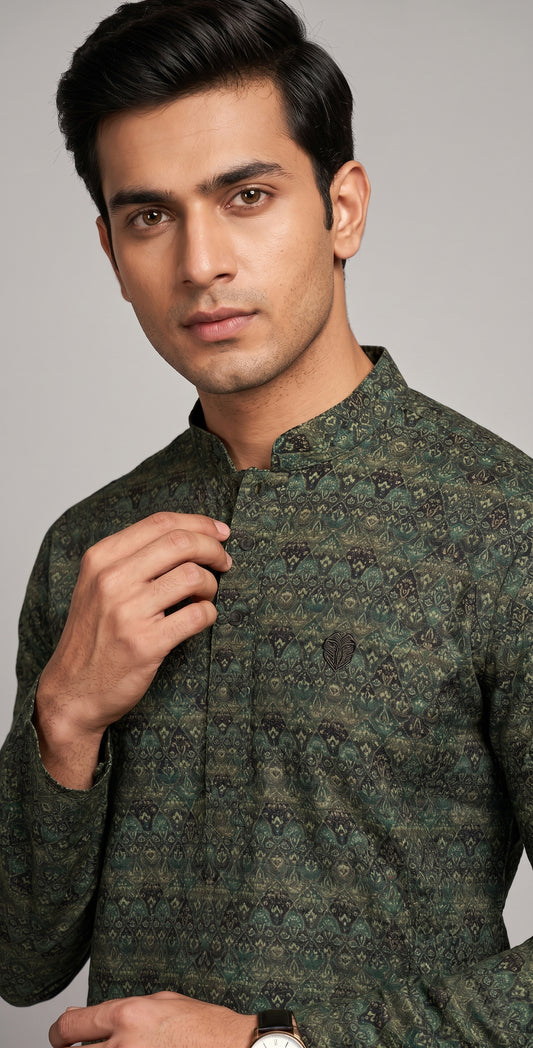 Olive Green Ajrakh-Inspired Micro-Geometric Printed Kurta