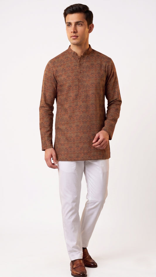 Brown Ajrakh-Inspired Micro-Geometric Printed Kurta