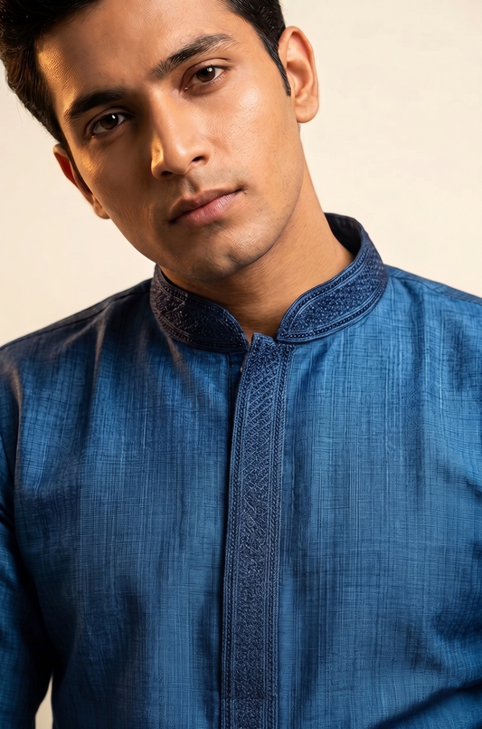 Royal Blue Kurta with Embroidered Placket