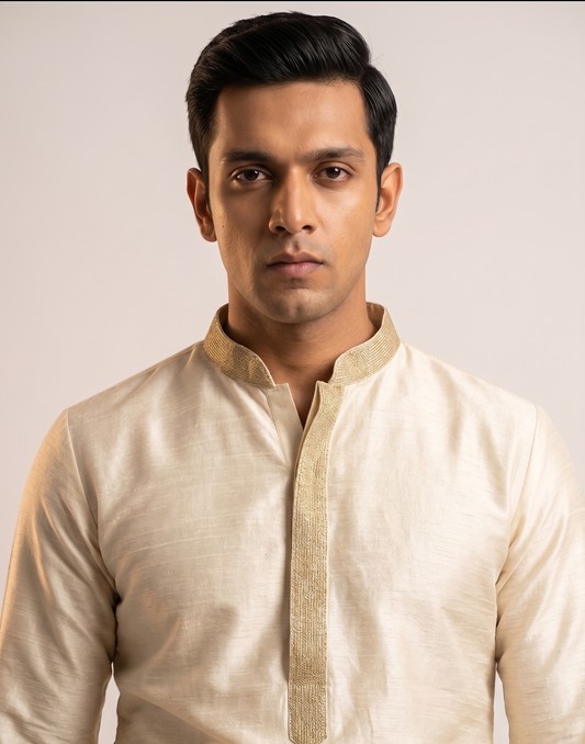 Ivory Cream Slub Kurta with Gold Lace Placket