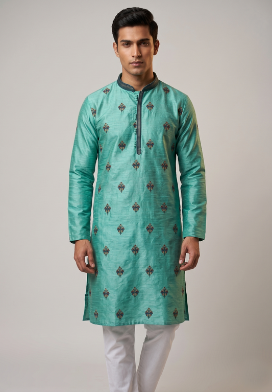 Sea Green Kurta with Multi-Color Butti Embroidery