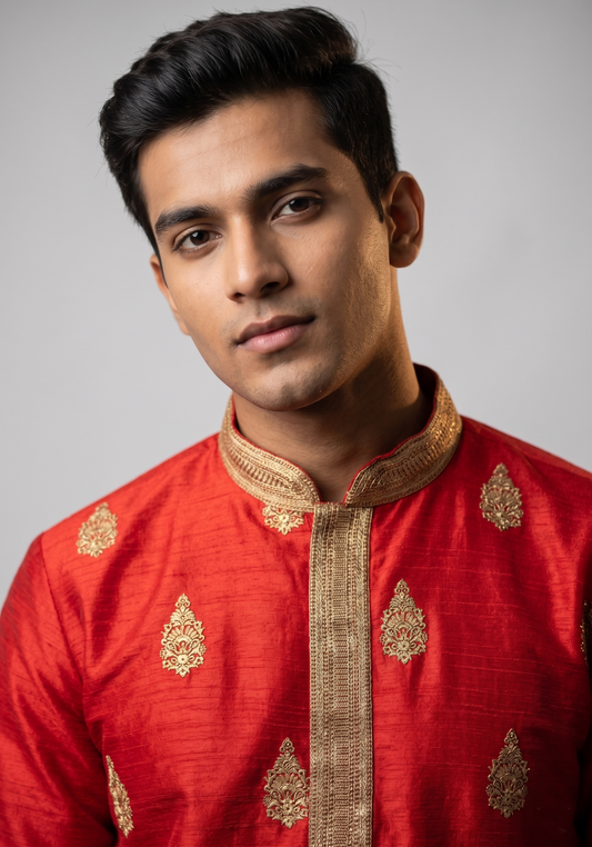 Crimson Red Kurta with Paisley Butti Embroidery