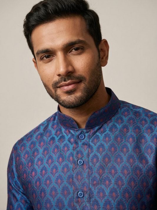 Men's Blue Self Jacquard Kurta