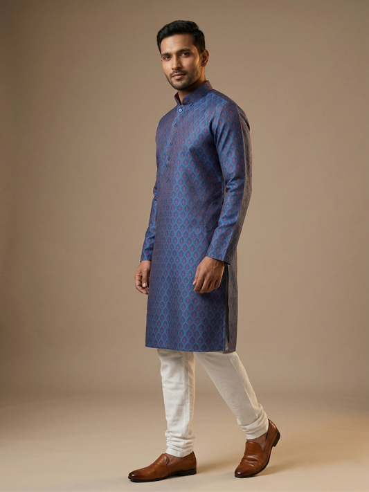 Men's Blue Self Jacquard Kurta