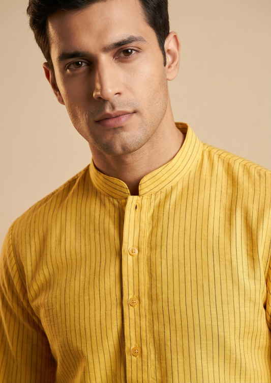 Bright Mustard Yellow Pinstripe Slub Kurta Set