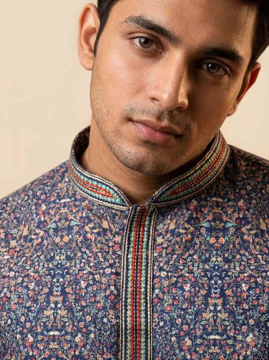Indigo Blue Persian-Floral Printed Kurta Set with Embroidered Collar