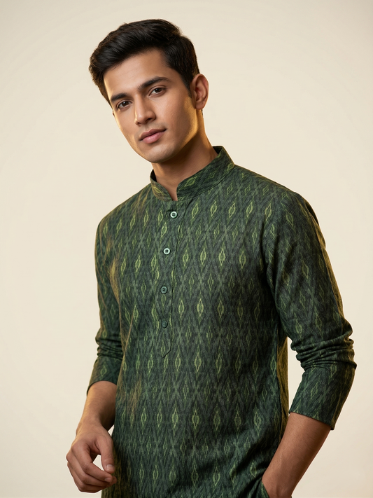 Olive Ikat Diamond Print Kurta Set