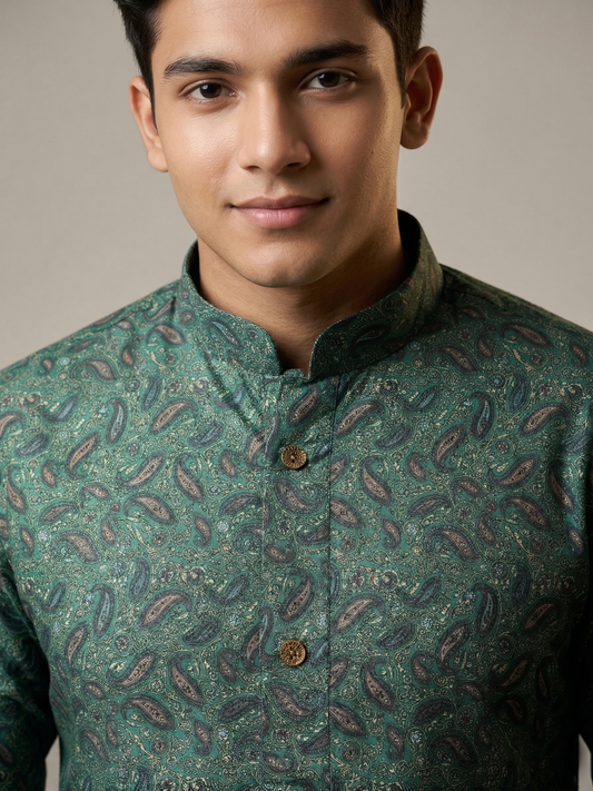 Teal Green Vintage Paisley Printed Festive Kurta Set