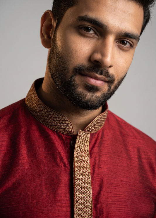 Maroon Kurta with Intricate Gold Lattice Embroidered