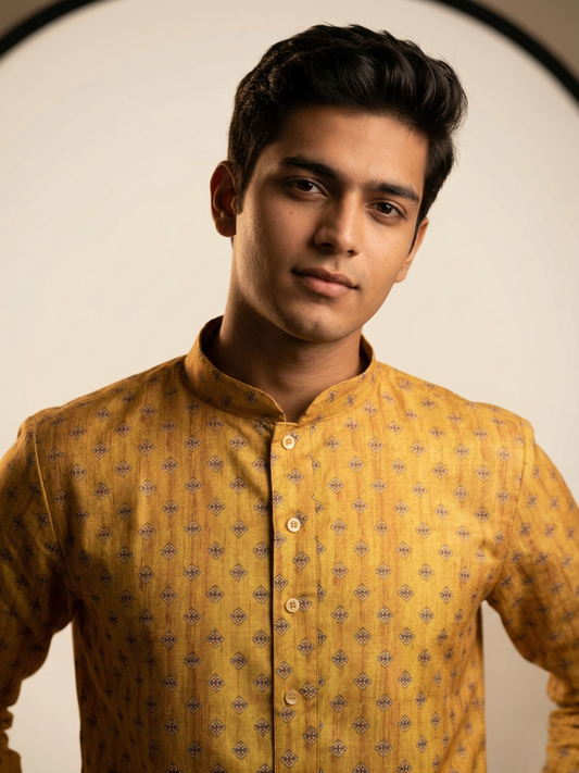 Mustard Gold Geometric Motif Textured Festive Kurta Set