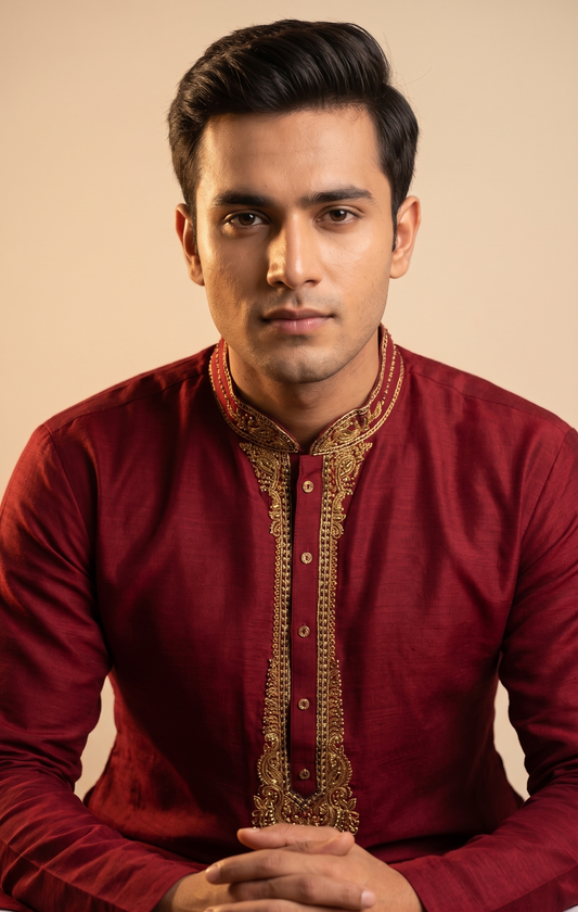 Maroon Kurta with Embroidered Neckline