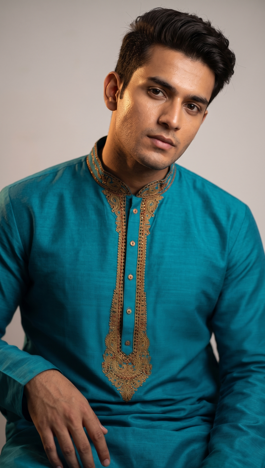 Turquoise Blue Kurta with Embroidered Neckline