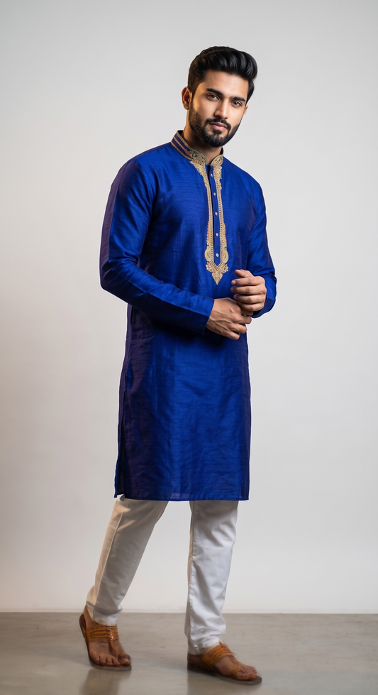 Royal Blue Kurta with Embroidered Neckline