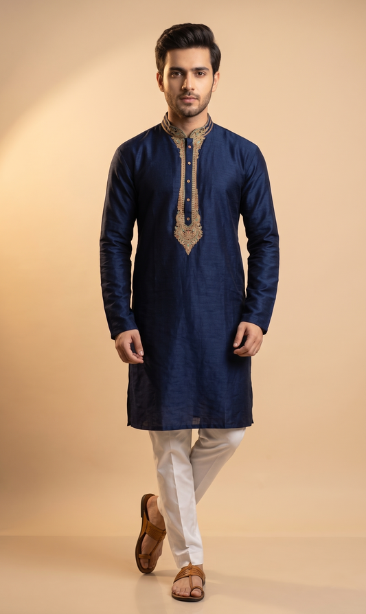 Navy Blue Kurta with Embroidered Neckline