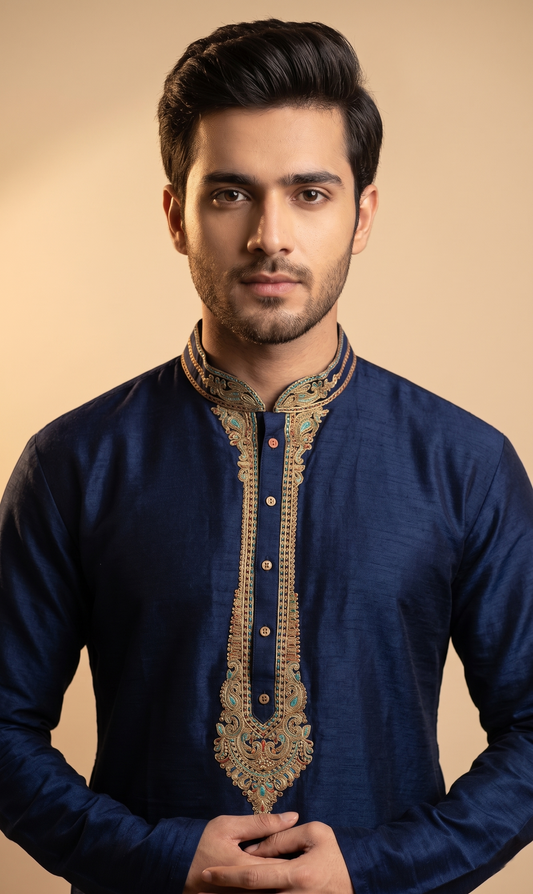 Navy Blue Kurta with Embroidered Neckline
