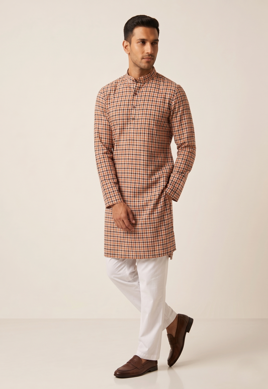 Rust Multi-Check Smart Casual Kurta