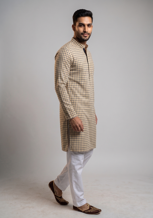Yellow Check Printed Kurta