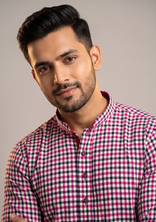 Maroon Check Printed Kurta