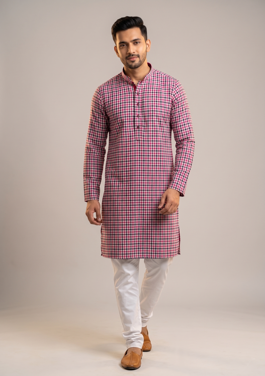 Maroon Check Printed Kurta