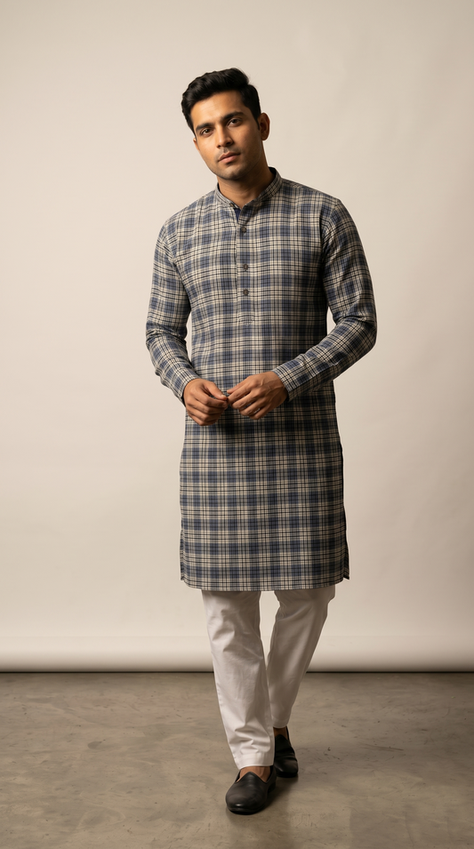 Grey Check Printed Casual Kurta