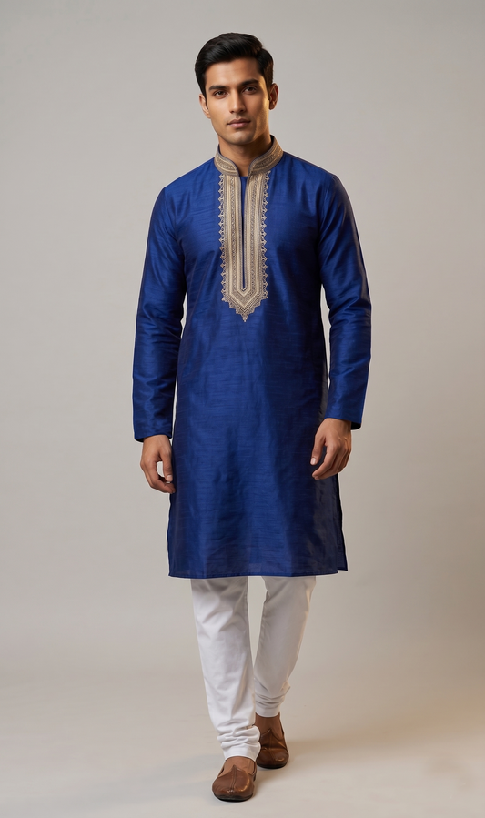 Royal Blue Festive Kurta with Gold Embroidered Placket