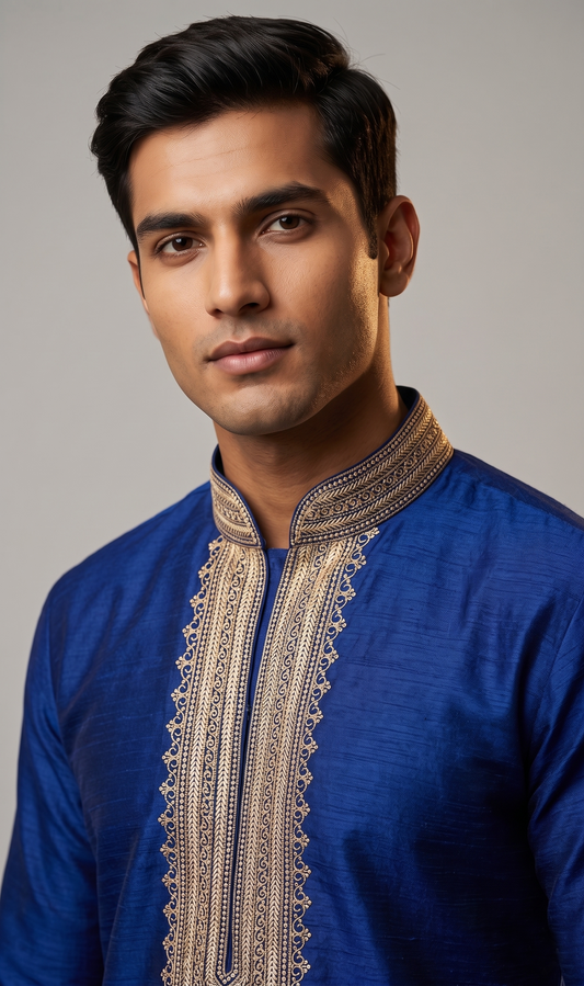 Royal Blue Festive Kurta with Gold Embroidered Placket
