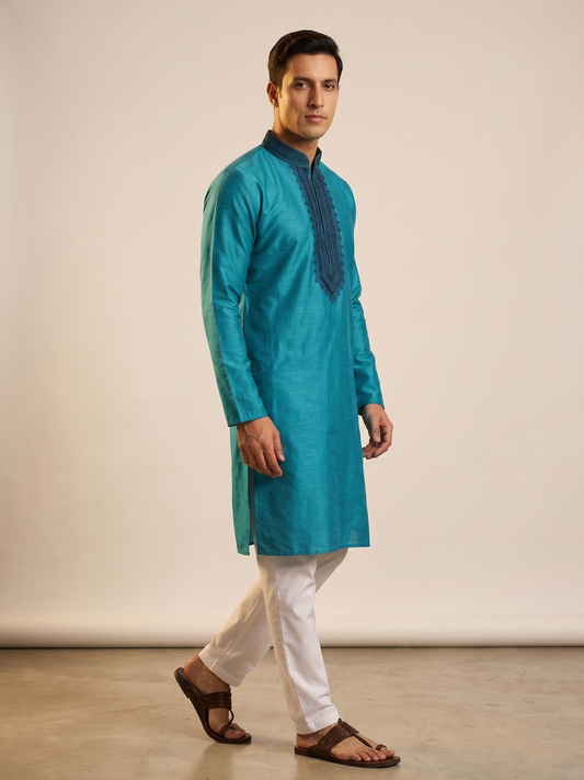 Ocean Teal Festive Kurta with Navy Embroidered Placket