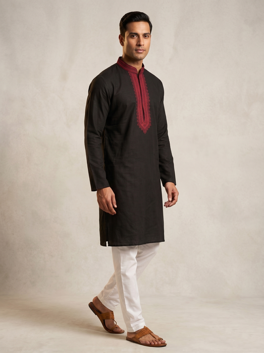 Jet Black Kurta Set with Deep Crimson Embroidered Placket