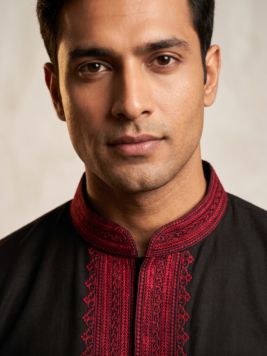 Jet Black Kurta Set with Deep Crimson Embroidered Placket