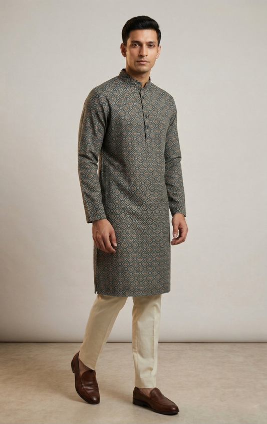 Green Geometric Print Kurta Set