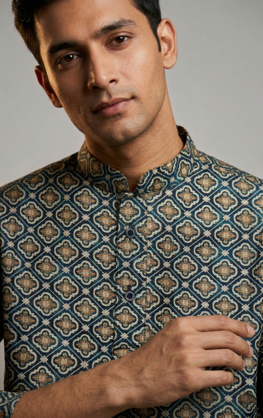 Green Geometric Print Kurta Set