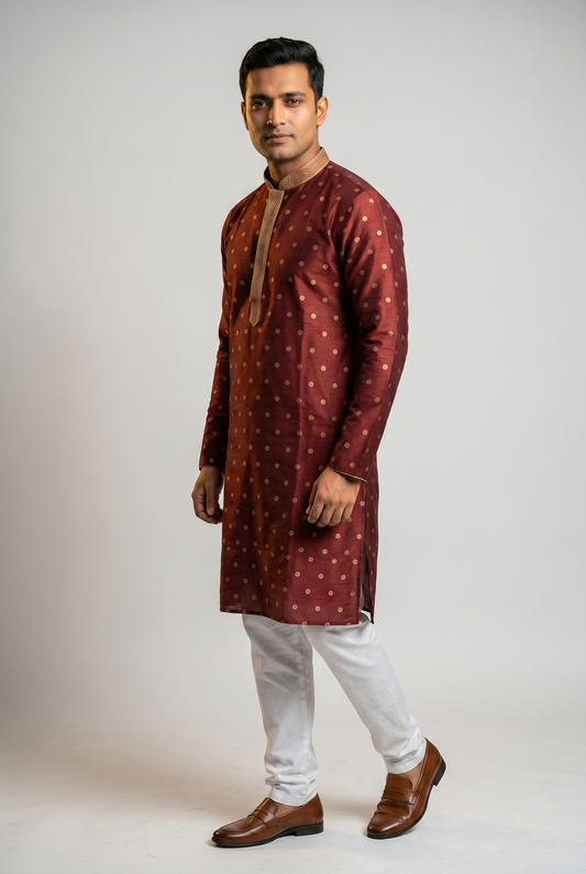 Maroon Jacquard Festive Kurta with Embroidered Trim