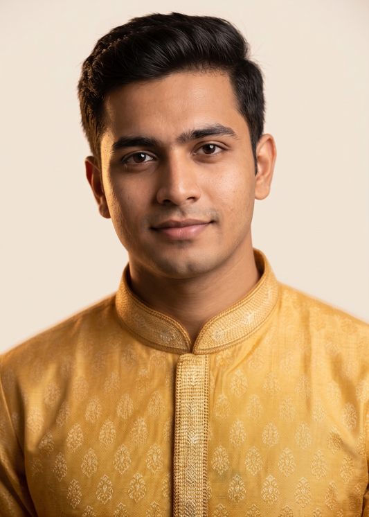 Gold Jacquard Festive Kurta with Embroidered Collar
