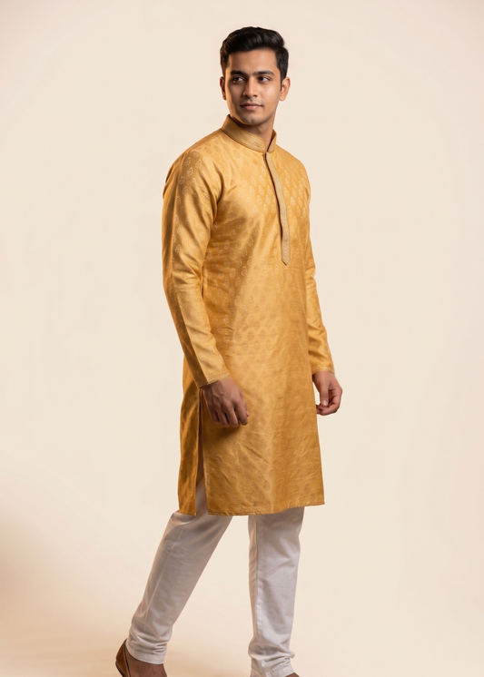 Gold Jacquard Festive Kurta with Embroidered Collar