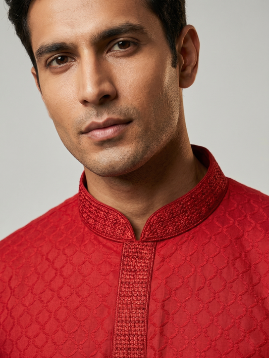 Crimson Red Allover Embroidered Kurta Set