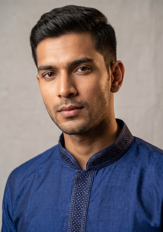Navy Blue Kurta with Micro-Embroidered Collar