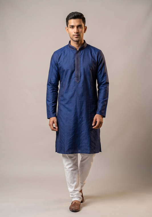 Navy Blue Kurta with Micro-Embroidered Collar